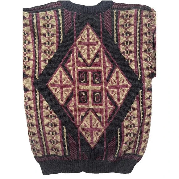 AMFK Co Moda Burgundy Brown Geometric Leather Patch Grandpa Sweater Sz L VTG 80s - Picture 4 of 6